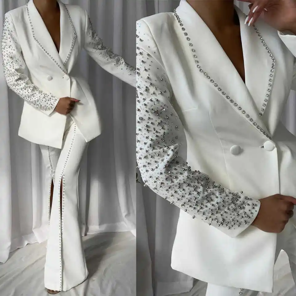 

Sexy Beaded Women Suits Outfit Crystal Custom Made Double Breasted Blazer Pencil Split Pants Office Lade Fashion 2 Piece Set