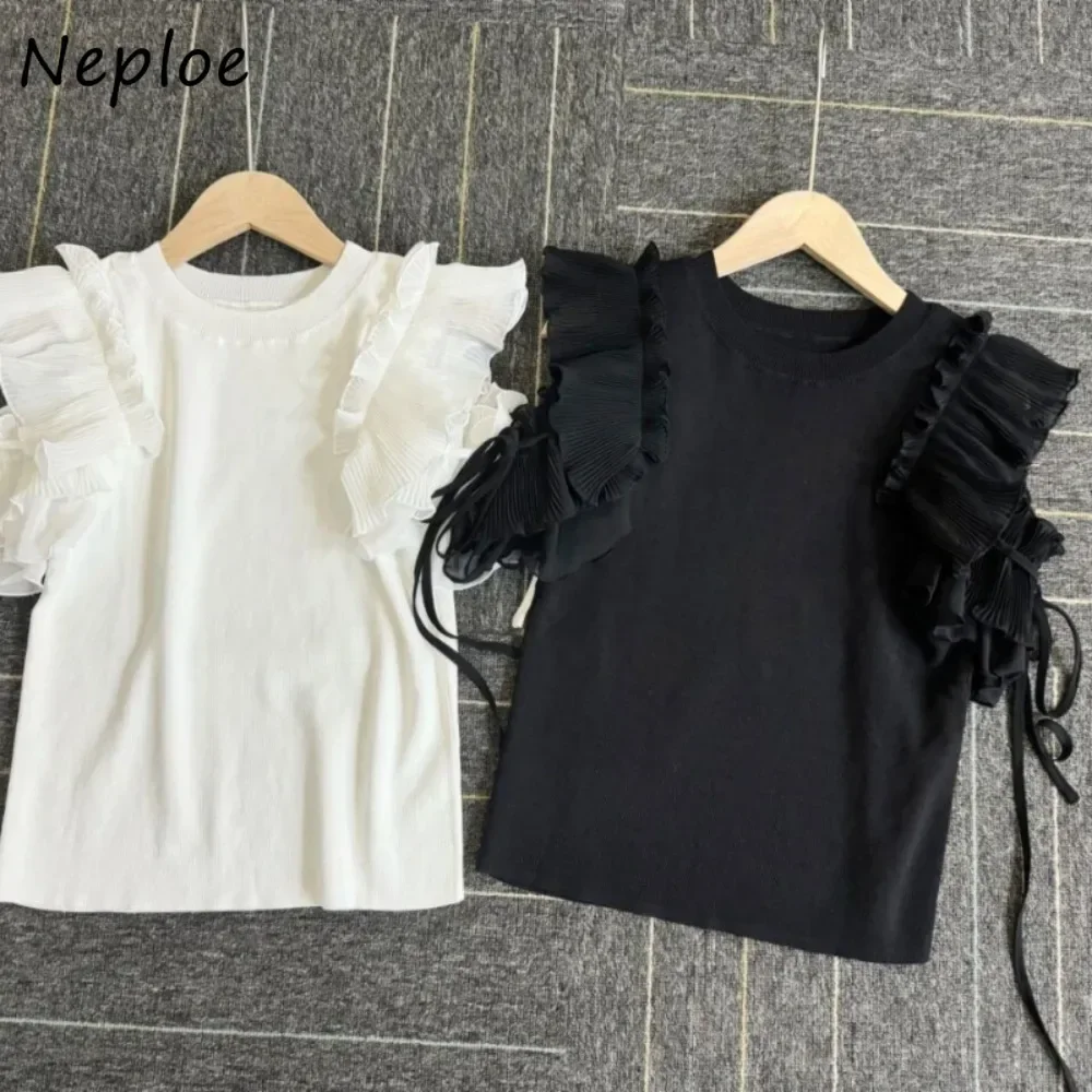 Neploe Sweet All-match O Neck Petal Sleeve Pullover Knit Fungus Off Shoulder Lace Up Jumper Japan New Casual Fresh Sweaters