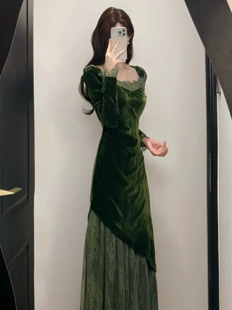 French Vintage Elegant Velvet Dress Women Autumn 2025 Green Slim Long Sleeve High Waist Fake 2 Piece Maxi Dress Retro Chic Style