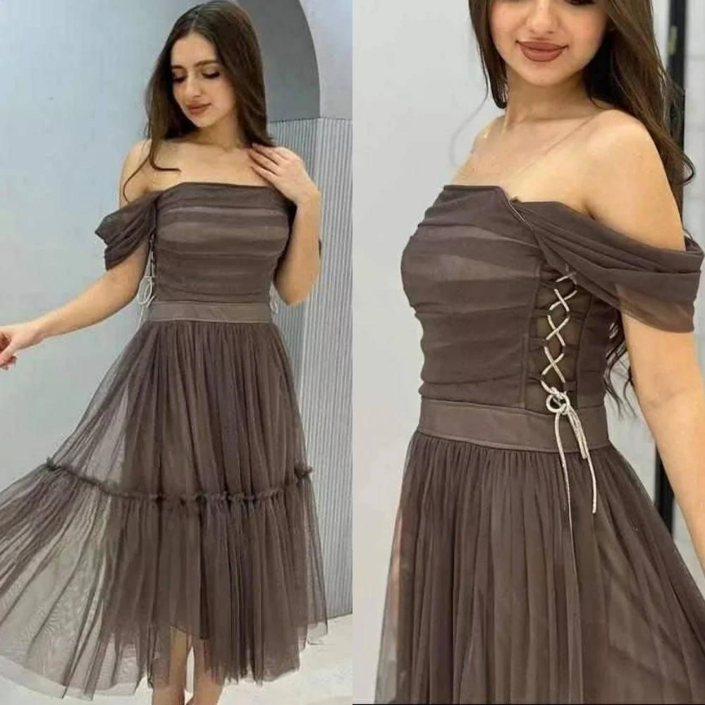 

Customized Prom Fashion Simple Off-the-shoulder A-line Quinceanera Dresses Shirred Skirts Knee length Net/Tulle فستان سهرة