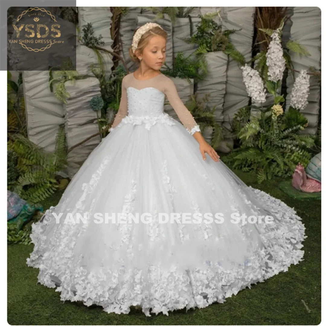 Flower Girl Dress Three Quartersleeve Appliqué Children Wedding Party Gowns New Kids Clothes Princess First Communion