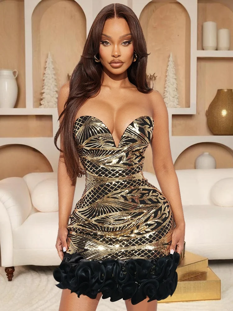 

Sister Star French Retro V-neck Sequins Bustier Female Summer Ruffled High-waisted Thin Dinner Date Robe Fairy Style Short Dress