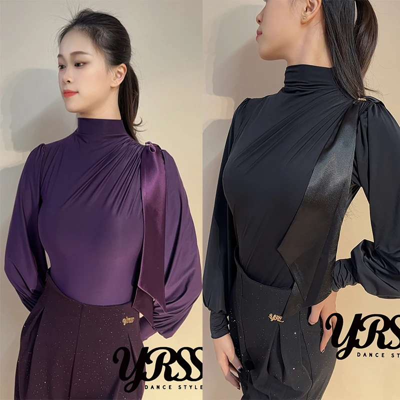 

New Ballroom Dance Tops Women High Collar Lantern Sleeves Purple Black Leotards Rumba Waltz Latin Dance Practice Clothes BL18422