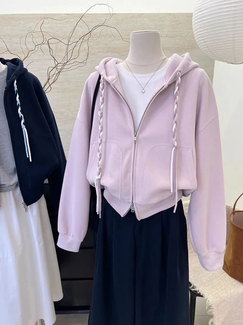 Braided Drawstring Cropped Zip Up Women's Hoodies Solid Color Long Sleeve Sweatshirt Spring Autumn Casual Jacket with Pockets