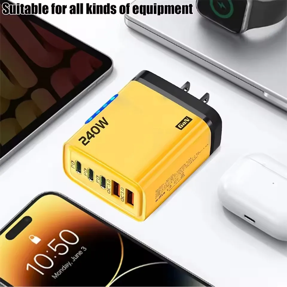 5 IN 1 GaN Desktop Charger 240W Fast Charging Adapter 10A USB to Type-C Cable 3PD 2USB Charger for iPhone 17 16 Pro Laptop Samsu