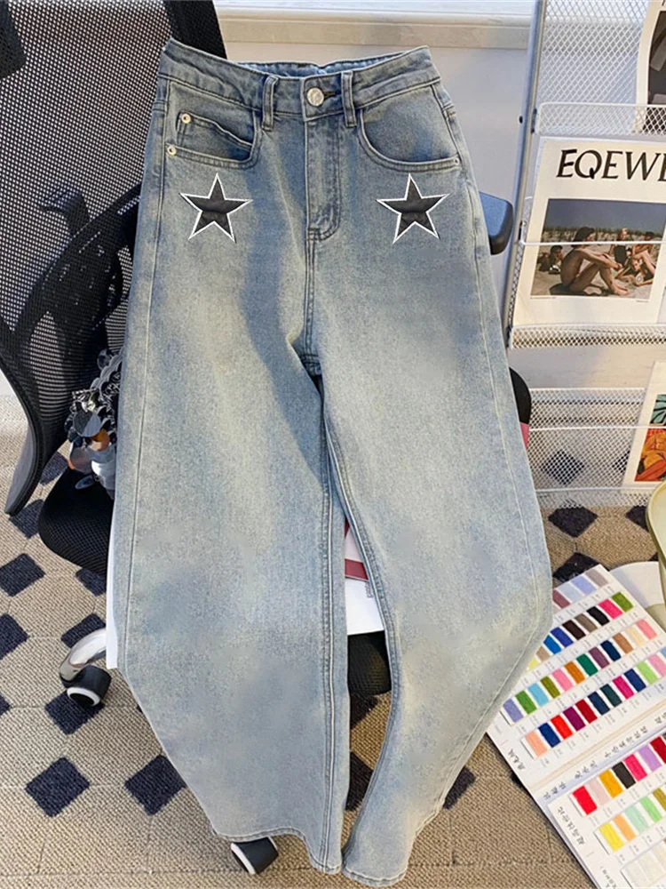 Retro Star Print Casual Jeans Loose Fit for Men And Women Summer Slimming Wide Leg Pants High Waist Long Trousers Denim Blue