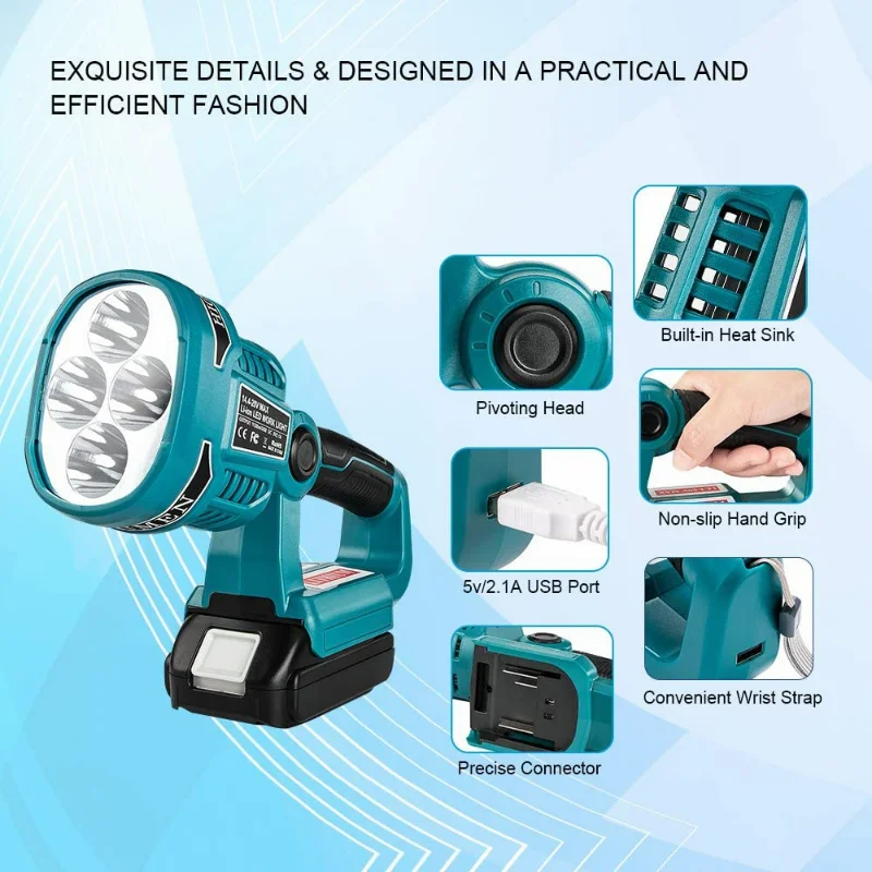 

NEW 4 Work Modes 3W/12W 18V LED Lamp Work Light Flashlight Lithium Battery USB Outdoor Lighting For Makita 18V/14.4V