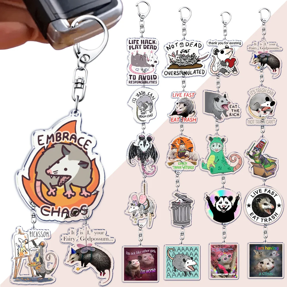 Funny Possum Meme Keychain for Accessories Bag Cute Opossum Pendant Key Chain Ring Animals Quotes Keyring Jewelry Fans Gifts