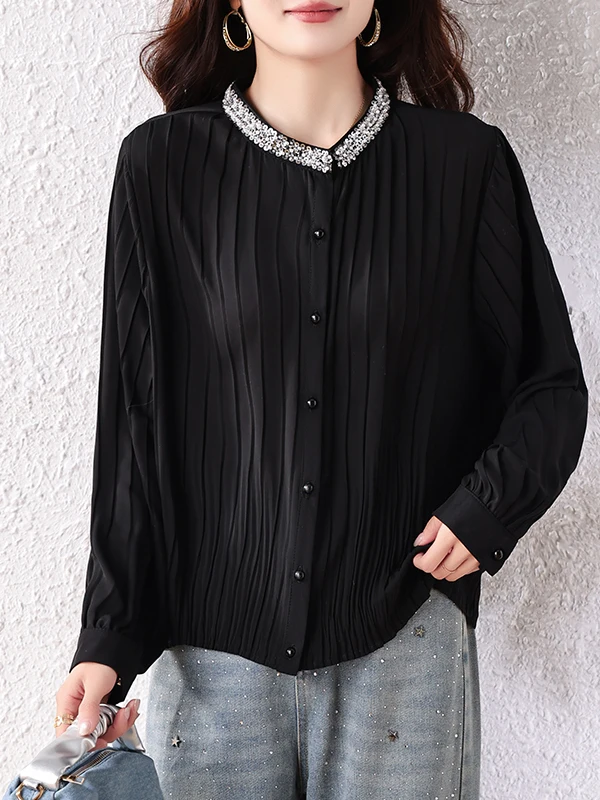 

Элегантная плиссированная блузка Ele Bla с бисером, модная, брендовая, женская, весна-лето, высокое качество, полиэстер, тонкая, стандартного кроя