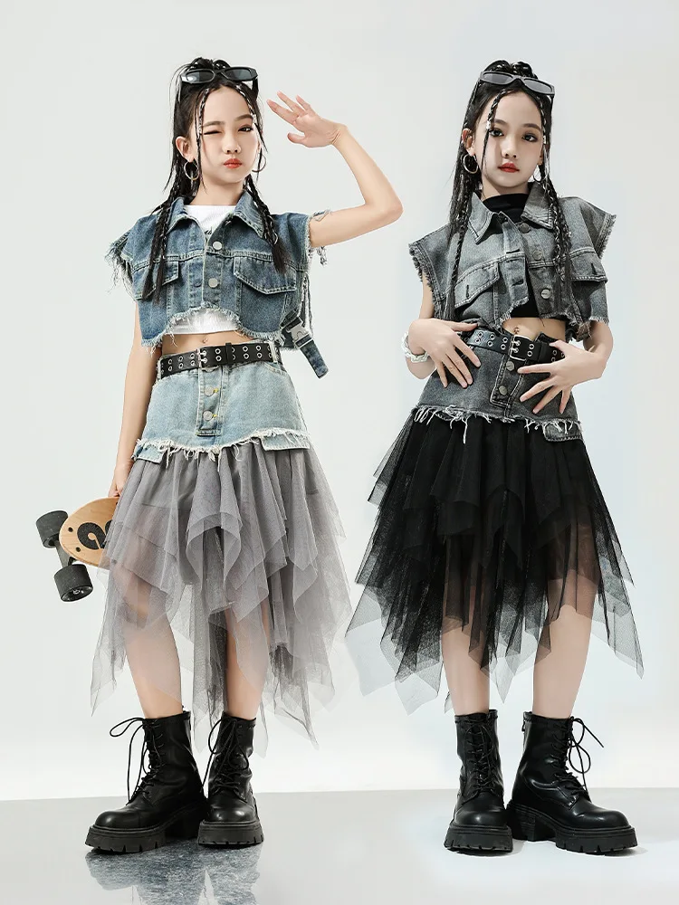 Kid Cool Hip Hop Kleidung Denim Blau Ärmellose Jacke Weste Top Straße Patchwork Mesh Rock für Mädchen Jazz Dance Kostüm Kleidung