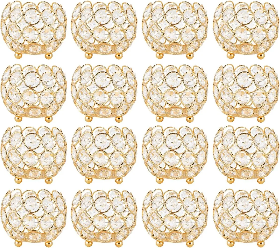

Set of 16 Crystal Bowl Tealight Holders for Wedding Centerpieces,Gold Votive Candle Holders, Flower Vases Candle