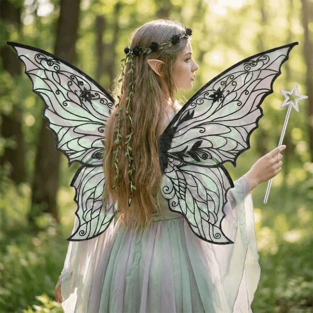 Dress-Up Foldable Wings Wreath Elf Ear Set Wand Flower Crown Butterfly Wings Set Fairy Wings Sparkling Fairy Cosplay Set Girls