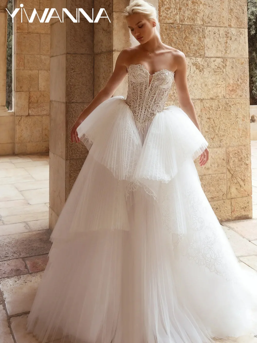Pleated Tulle Pearls Princess Wedding Dress Strapless Lace Floor-length Bridal Gown 2026 Customized Elegant Dresses For Bride