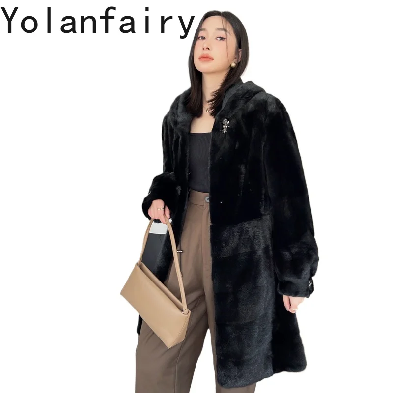 YOLANFAIRY haute qualité manteau de fourrure de vison avec capuche hiver mi-longue femmes veste de fourrure noire élégant réel manteaux de fourrure femme Abrigos