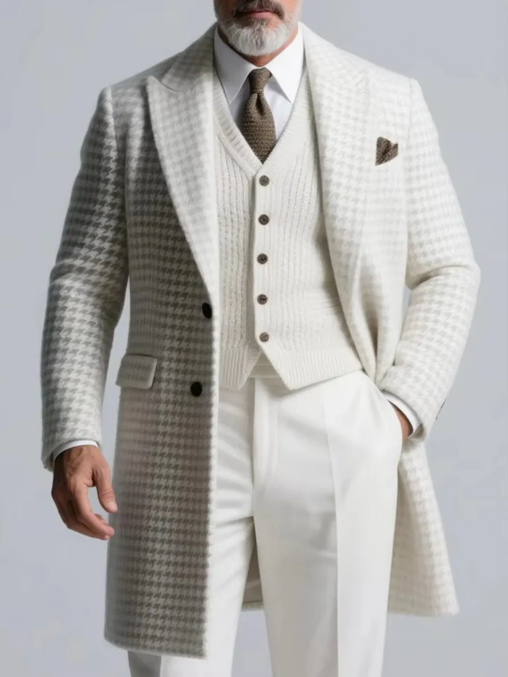 Men's White Grey Houndstooth Mid‑Long Overcoat Notched Lapel Single Breasted Slim Fit Formal Business Winter Blazer Outerwear