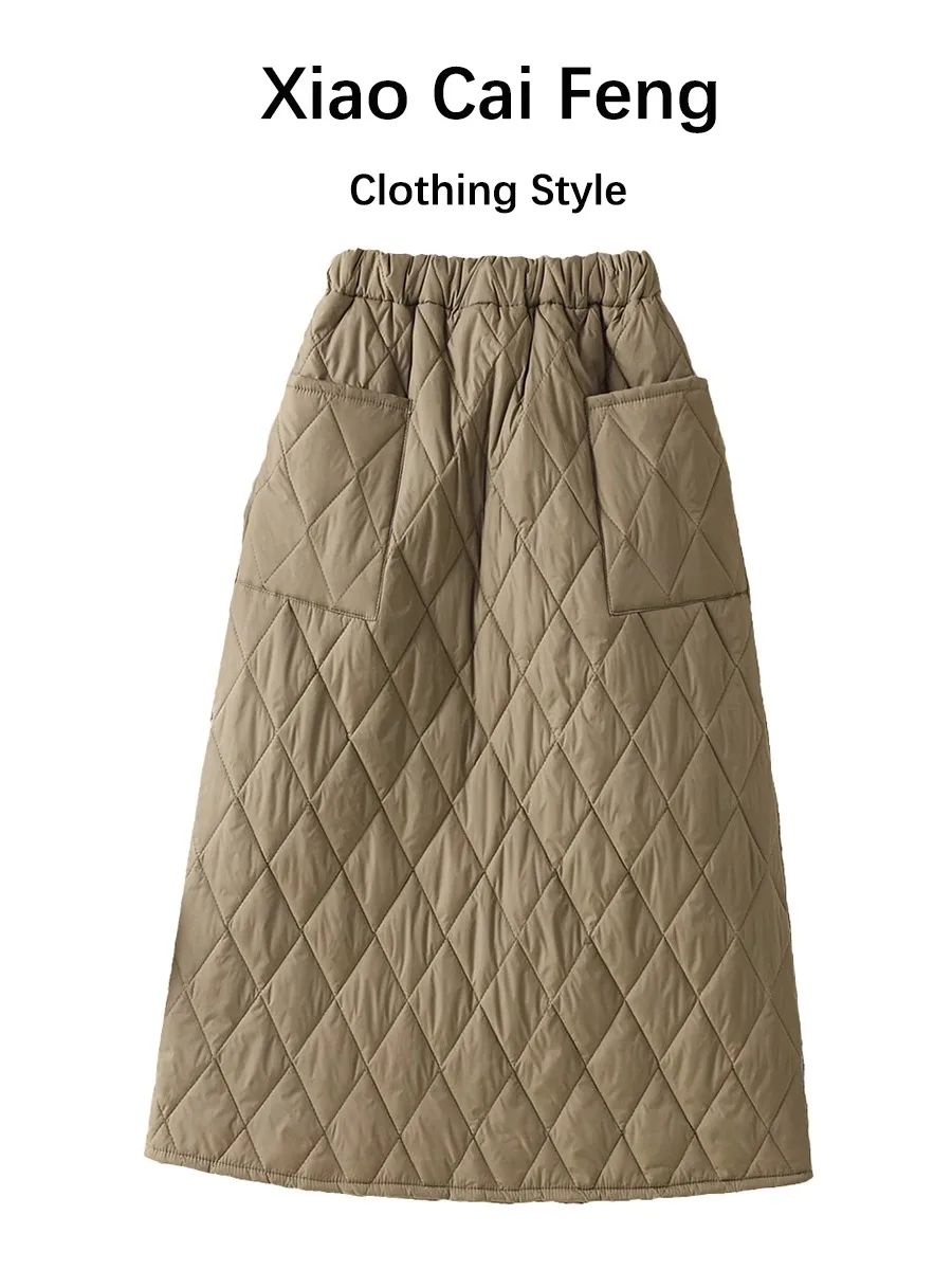 

Хлопковая юбка с высокой талией, юбка-миди трапециевидной формы для женщин, зимняя теплая ветрозащитная юбка из смеси хлопка с ромбовидным узором