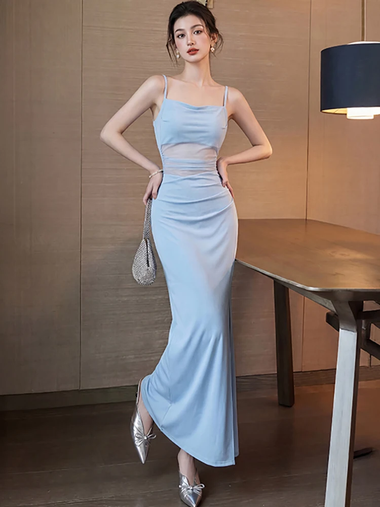 

2026 Blue Patchwork Sheer Sexy Sling Long Dress Women Korean Bodycon Holiday Dress Summer Elegant Luxury Birthday Evening Dress