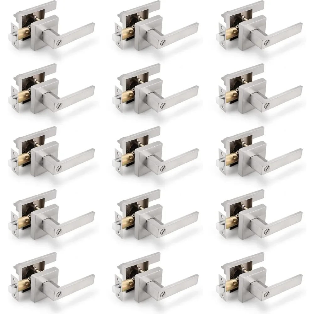 15 Pack Satin Nickel Square Door Levers with Privacy Lock,for Bedroom and Bathrom,Zinc Alloy Made Heavy Duty