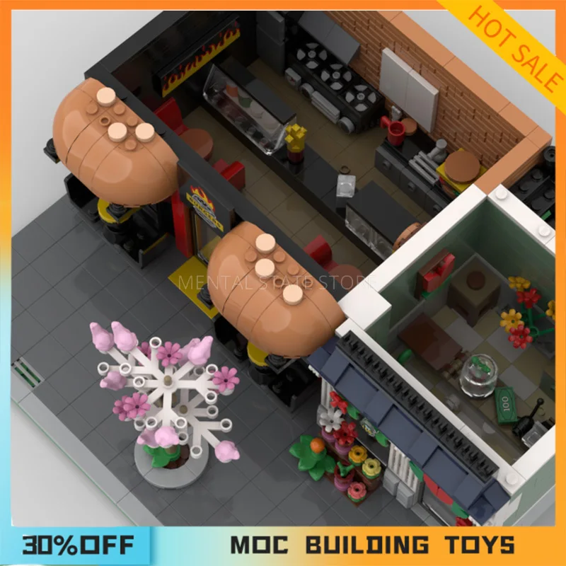 อิฐโมดูลาร์ Moc บ้านเบอร์เกอร์และร้านดอกไม้เทคโนโลยีบล็อกตัวต่องานประดิษฐ์ทำมือของเล่นของขวัญวันหยุด2208ชิ้น