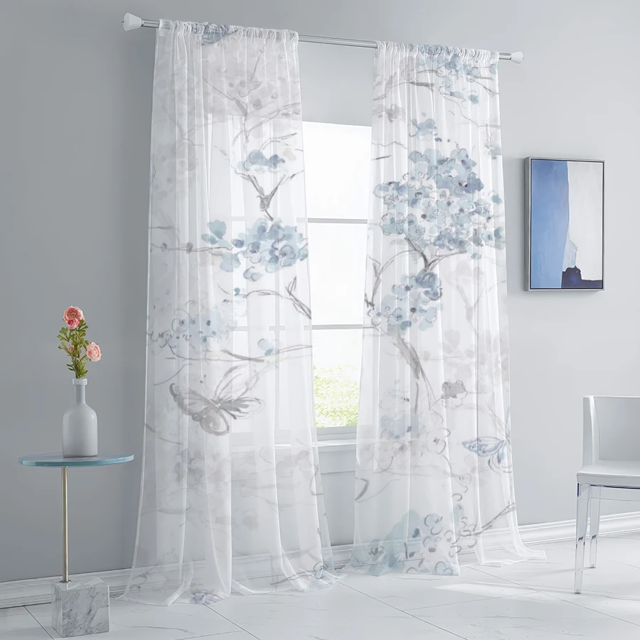 2 Stück Transparente Vorhänge, Aquarell Blau & Grau Blumenmuster mit Schmetterlingsdruck, Tür-/Fenstervorhänge, Bedruckte Vorhänge für Schlafzimmerdekoration