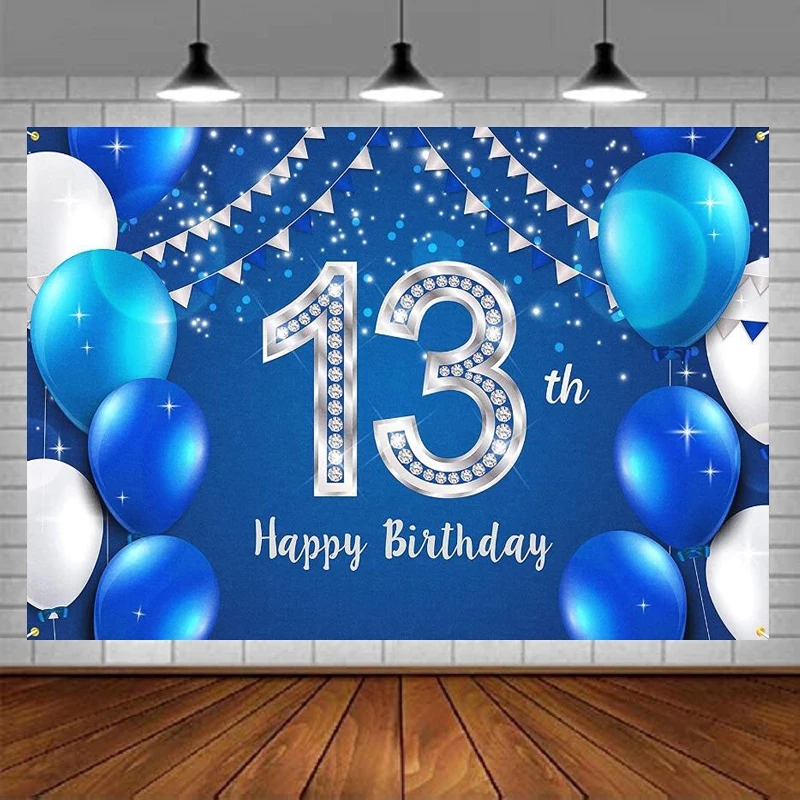 การถ่ายภาพฉากหลัง Happy 13 ปี 13th วันเกิดตกแต่งพื้นหลังแบนเนอร์อุปกรณ์สําหรับเด็กผู้หญิง - Blue Silver