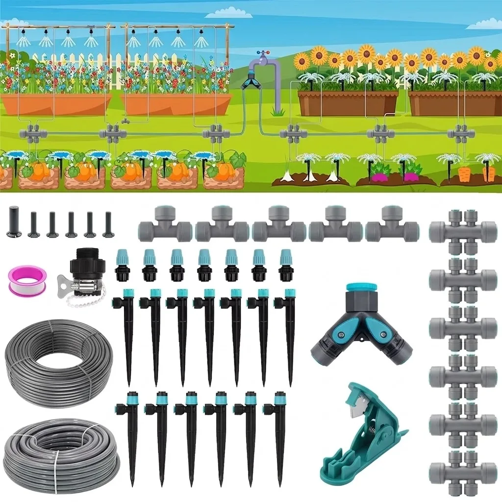 230FT Drip Irrigation Watering Kit with Quick Connect System PE Hose Y Type Distribution Tubing Three Adjustable Nozzle Types