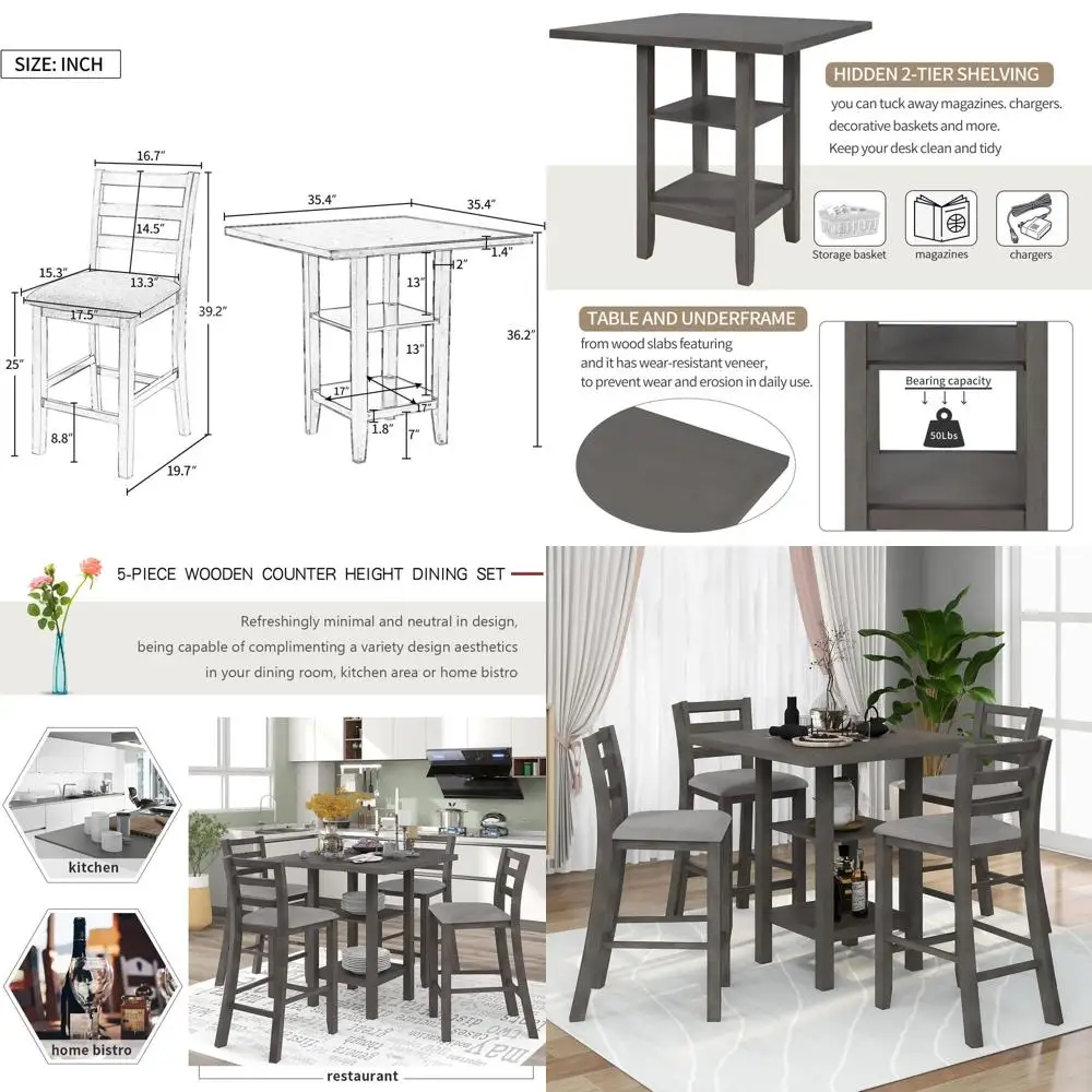 

Обеденный набор из 5 предметов: квадратный стол для кухни с 2-уровневыми полками для хранения и 4 мягкими стульями, барный обеденный комплект