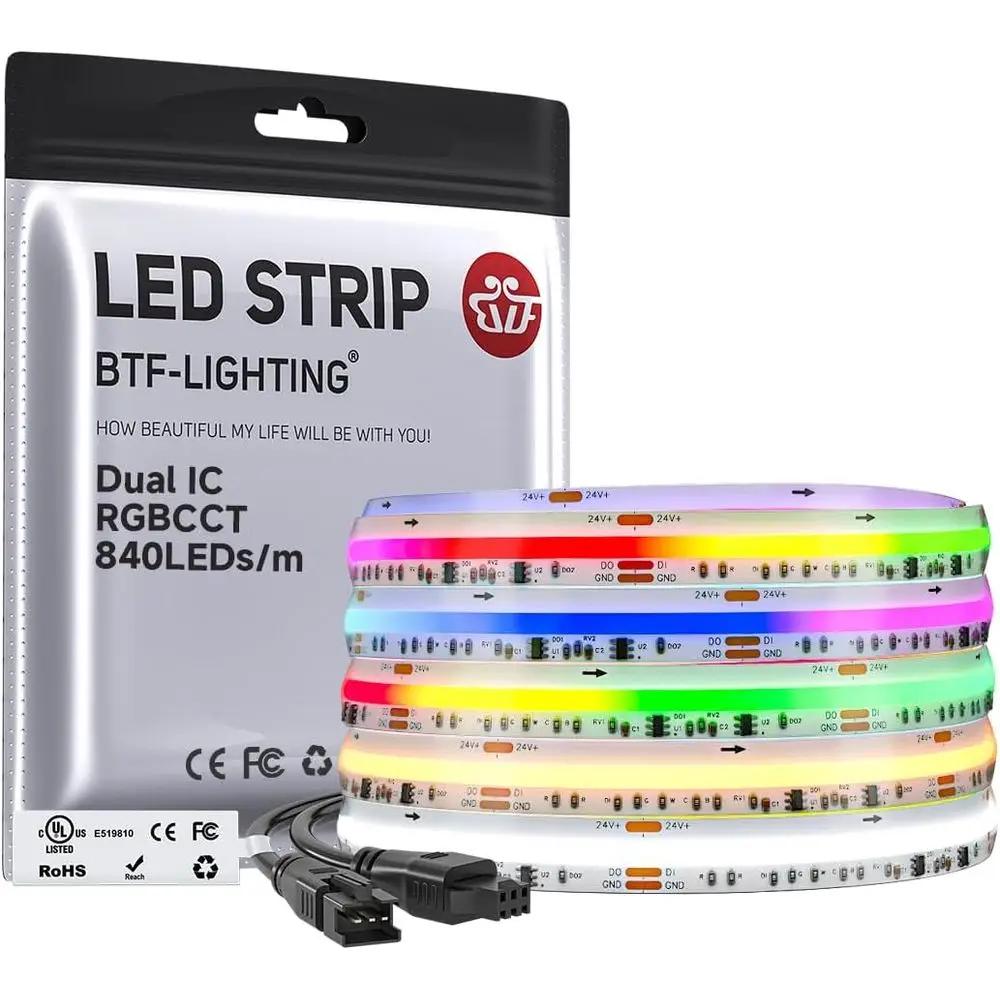 

Dual IC RGBCCT COB LED Strip, High Density Chasing Light, 3000K-6000K Tunable White, 840 LEDs/m, 10mm Width, IP66, DC24V