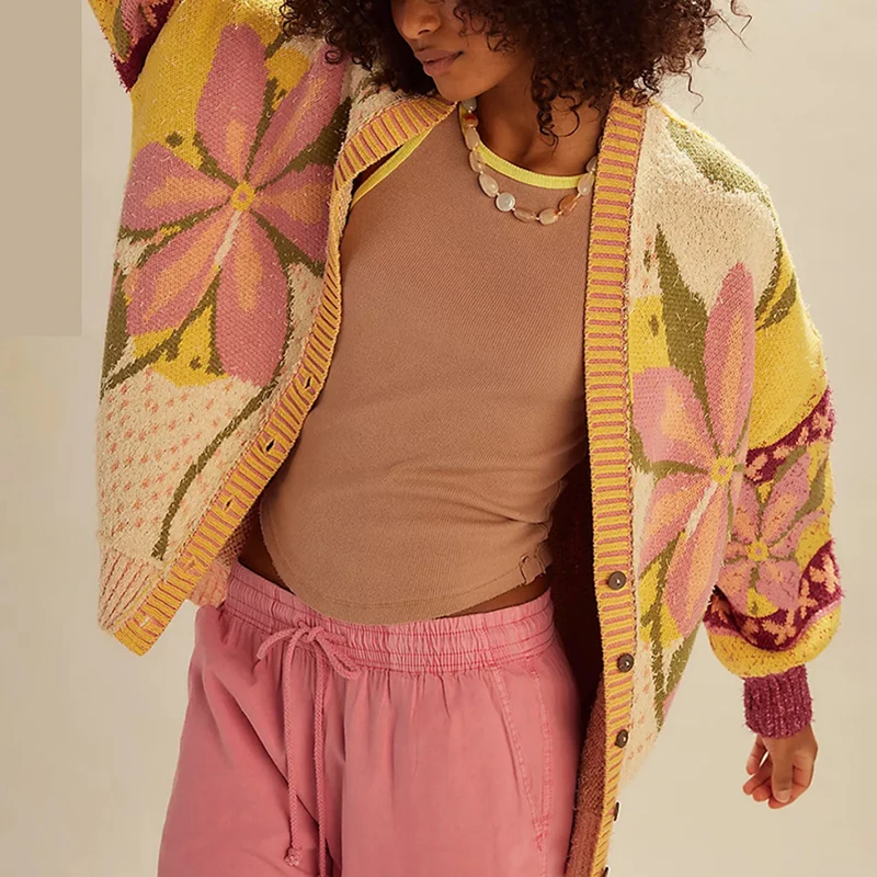 

Fashion V-neck Single Breasted Loose Sweater Casual Streetwear Long Sleeved Sweater Autumn Winter Flower Print Women's Cardigan