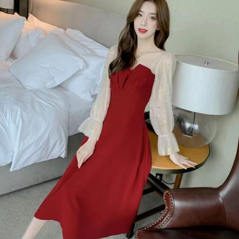 Malha estilo coreano emenda lantejoulas vestido feminino designer casual juventude elegante luxo de uma peça barato vestidos de manga longa femininos