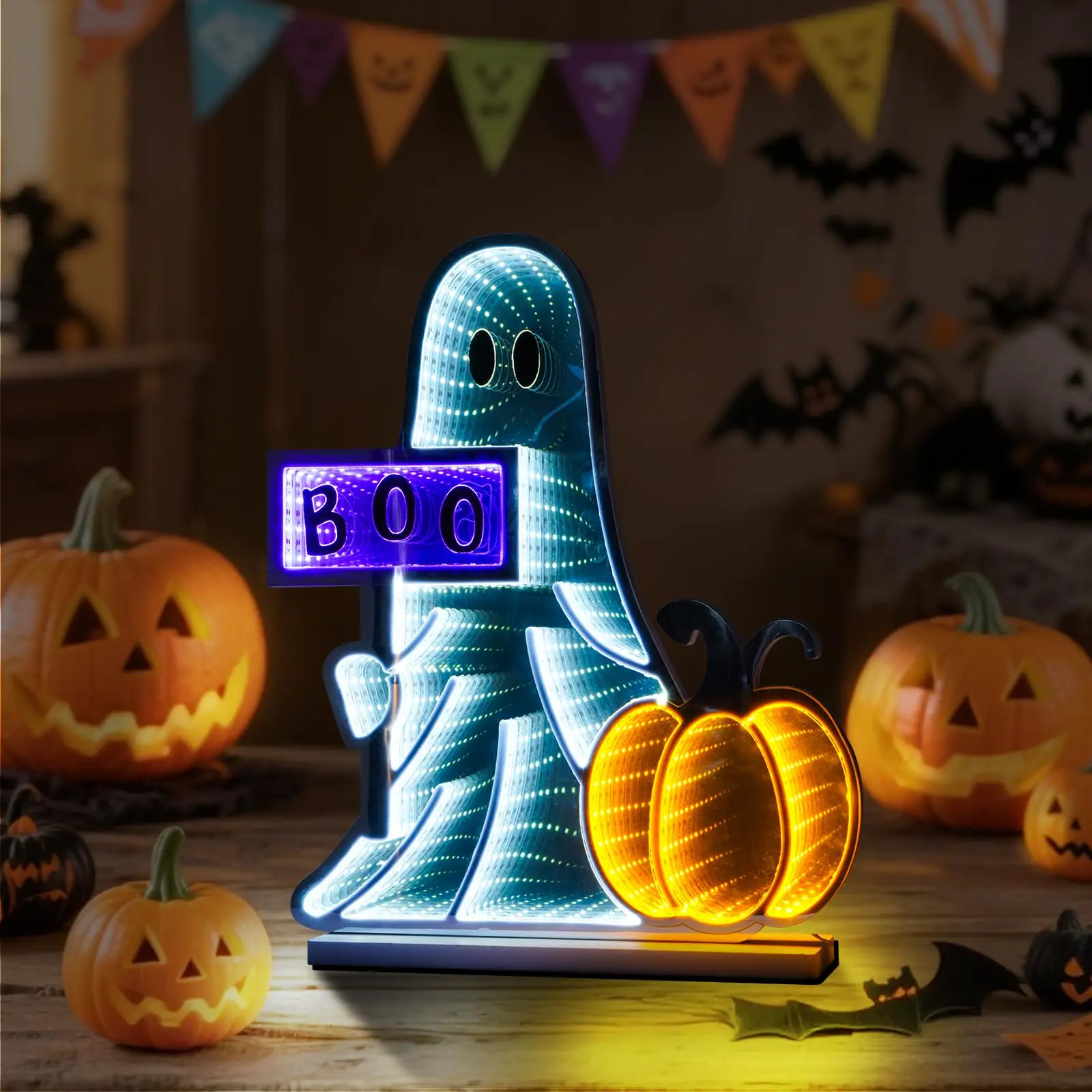 3D Mirror Tunnel Light Ghost Pumpkin Neon Sign Lighted USB Powered Wall Decor for Cute Spooky Boo Sign Halloween Party Shelf Hom