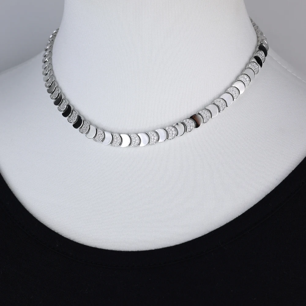 2025Color Geometric Moon Shaped Bling Cz Link Chain High Polished Shiny Gold Color Metal Bracelet Necklace Fashion Women Jewelry