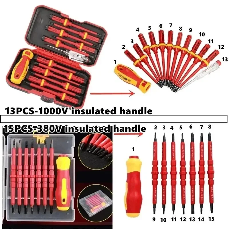 1pc/15pcs 380v/13pcs 1000v austauschbarer isolierter Schrauben drehers atz und magnetisch geschlitzte Bits Reparatur werkzeug Elektriker werkzeuge