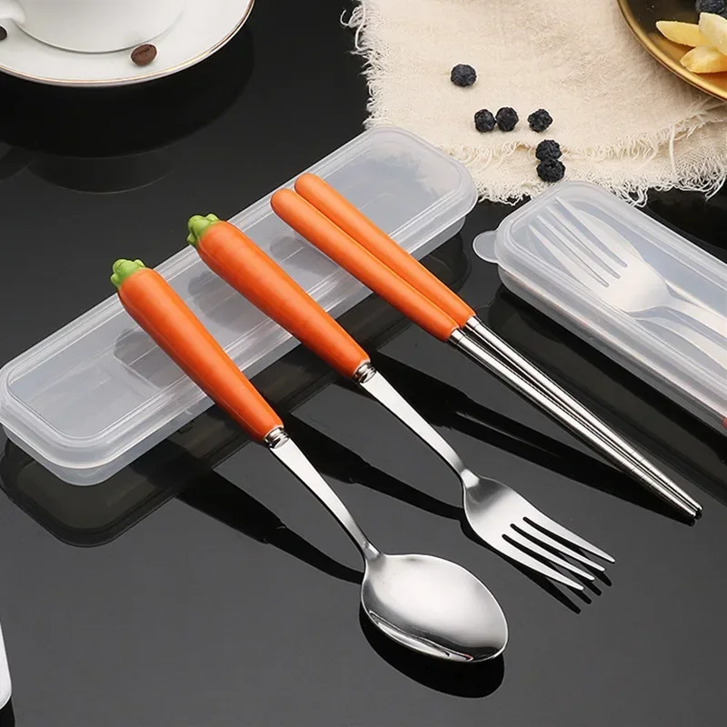 Ensemble de couverts en acier inoxydable pour enfants, manche en céramique de carotte, ustensiles de cuisine avec boîte, baguettes, fourchette, cuillère