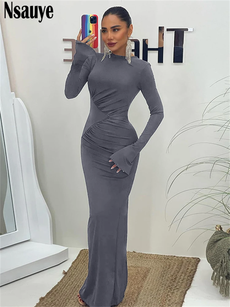 Nsauye Casaul Basic Women Long Sleeve Fashion Elegant Maxi Bodycon Dress Ladies Sexy Evening Holiday Party Night Club Dress 2024