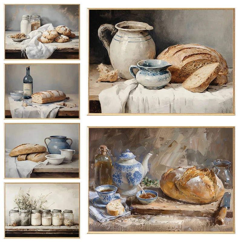 Retro Country Kitchen Food Sourdough Bread Mason Jar Spices Cookies Poster Print Canvas Printing Wall Art Picture for Home Decor