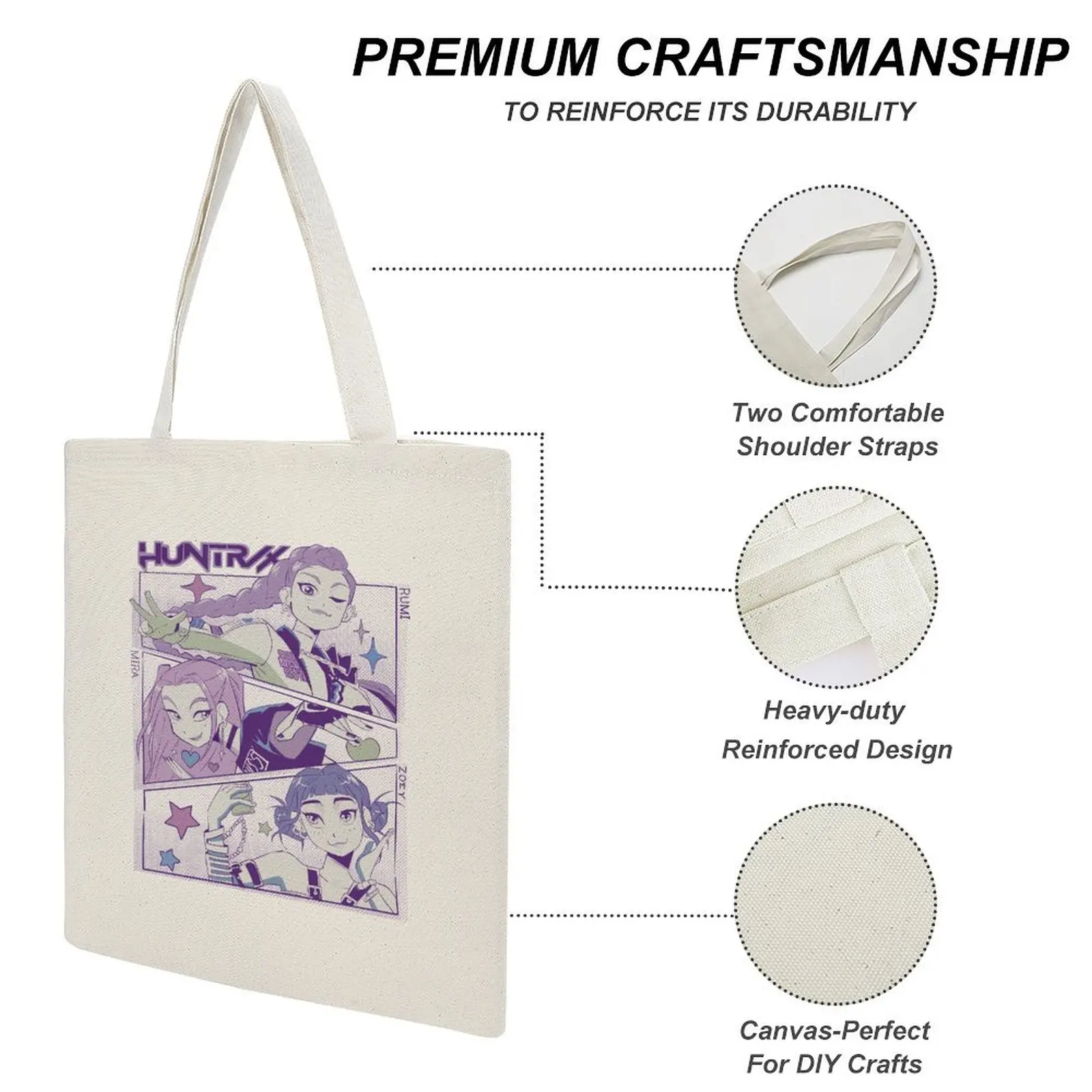 Huntrix Girls Group Canvas-Einkaufstasche für Damen und Herren, coole KPOP Demon Hunter Anime-Schulterhandtasche mit großer Kapazität, perfekt für Party