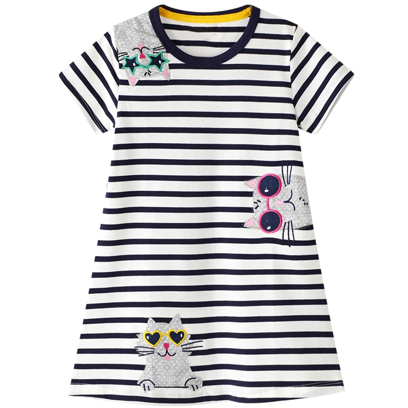 Girls Summer Dresses Girl Baby Embroidered Cartoon Cat Stripe Decoration Kids Girls Toddler Clothes 2-7T