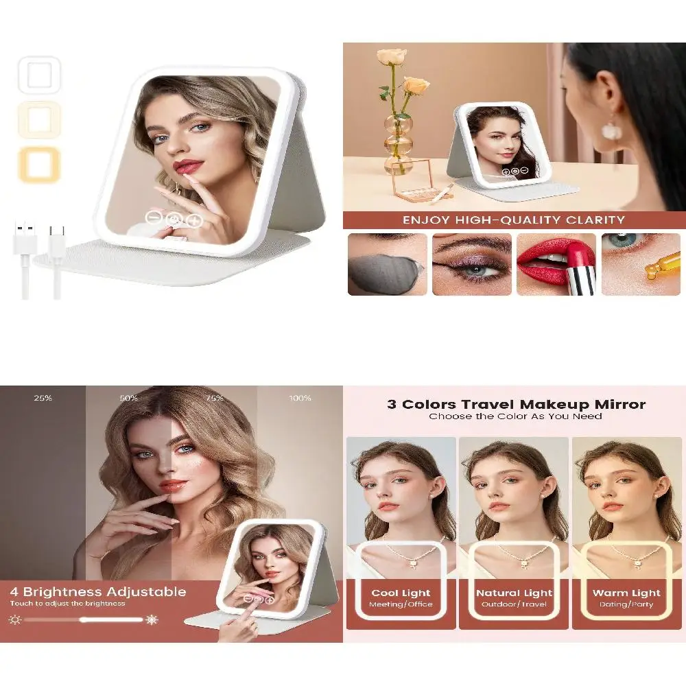 Espejo de maquillaje LED Espejo de belleza iluminado de viaje portátil, iluminación de 3 colores, pantalla táctil regulable, pliegue LED de mesa recargable