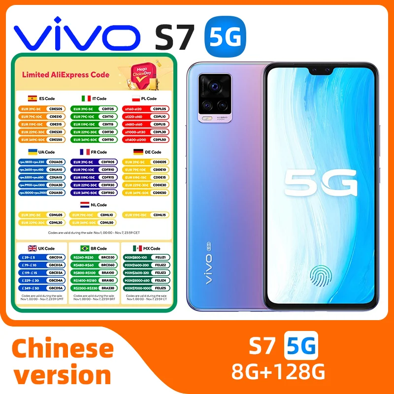 

Vivo S7 5G Smart Phone Screen Fingerprint Face ID 64.0MP Snapdragon 765G 4000mAh 33W Super Charger 6.44" 60HZ OTA NFC used phone