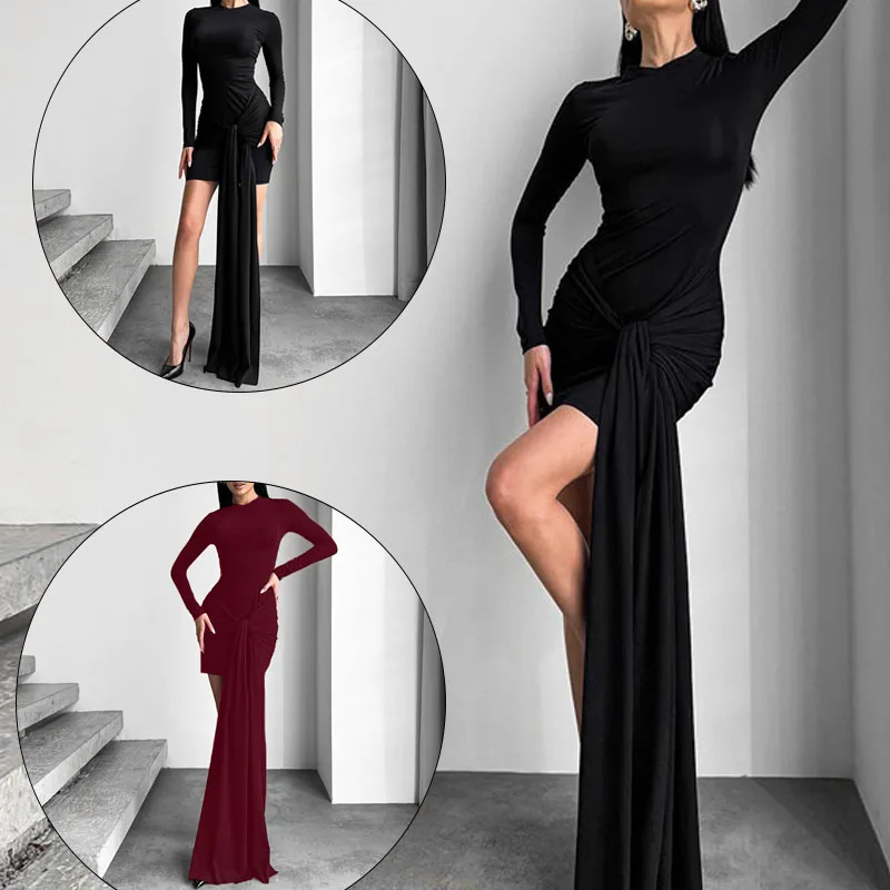 

Tossy fashionable pleated tight fitting long dress, suitable for women's high waisted slim fit splicing long sleeved fashionable