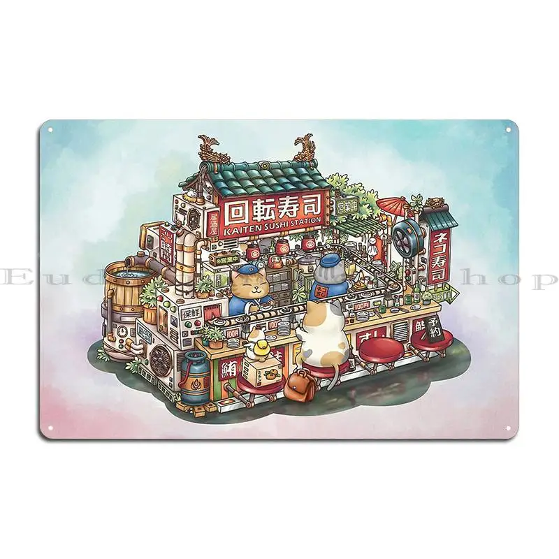 Steampunk Chubby Cat Sushi Restaurant Metal Sign Wall Pub Rusty Wall Decor Garage Designing Tin Sign Poster