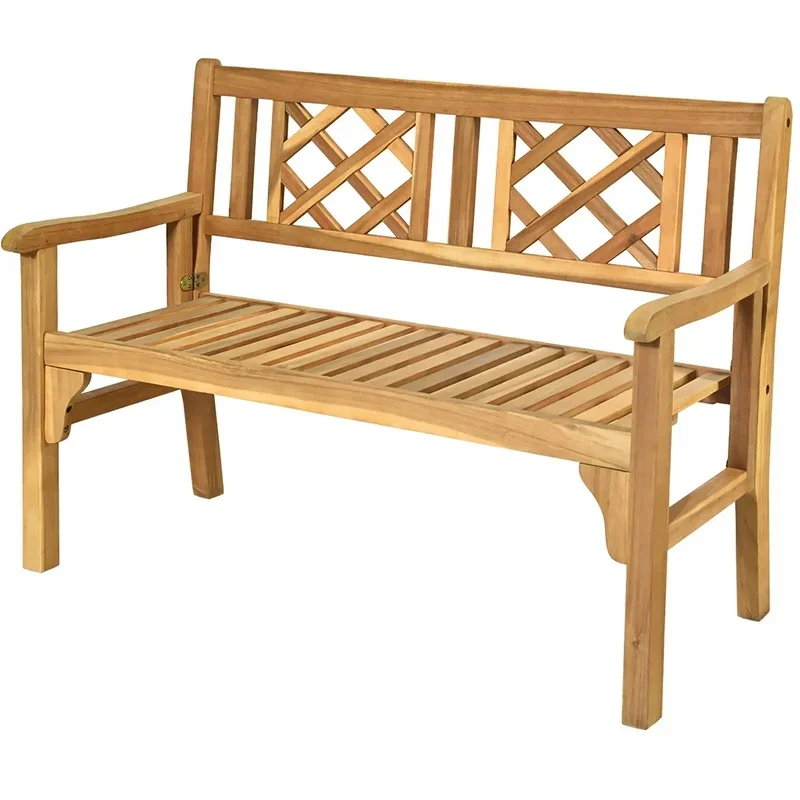 47.5-Inch Folding Bench, Acacia Wood, Supports 705 lbs, Ergonomic Design, Curved Backrest, Perfect for Outdoor Use