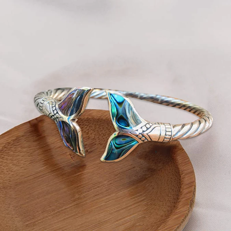 Abalone Shell and Mermaid Tail Bangle Bracelet Adjustable Open Hand Chain for Women Teenager Girls For Girlfriend Jewelry