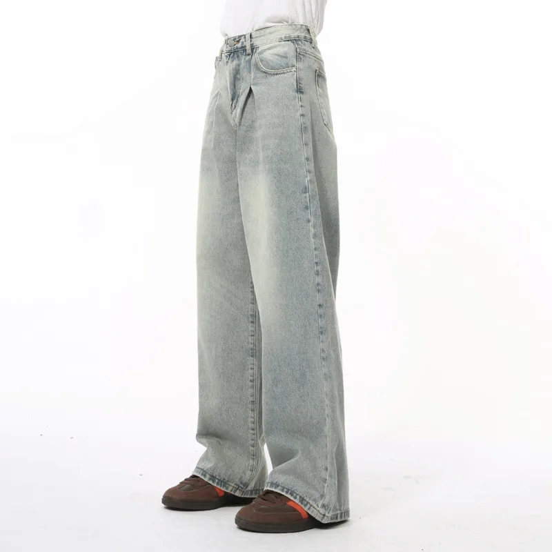 2024 autumn new men's Korean version pleated design retro washed and polished white straight leg minimalist jeans M7-BN-K5236