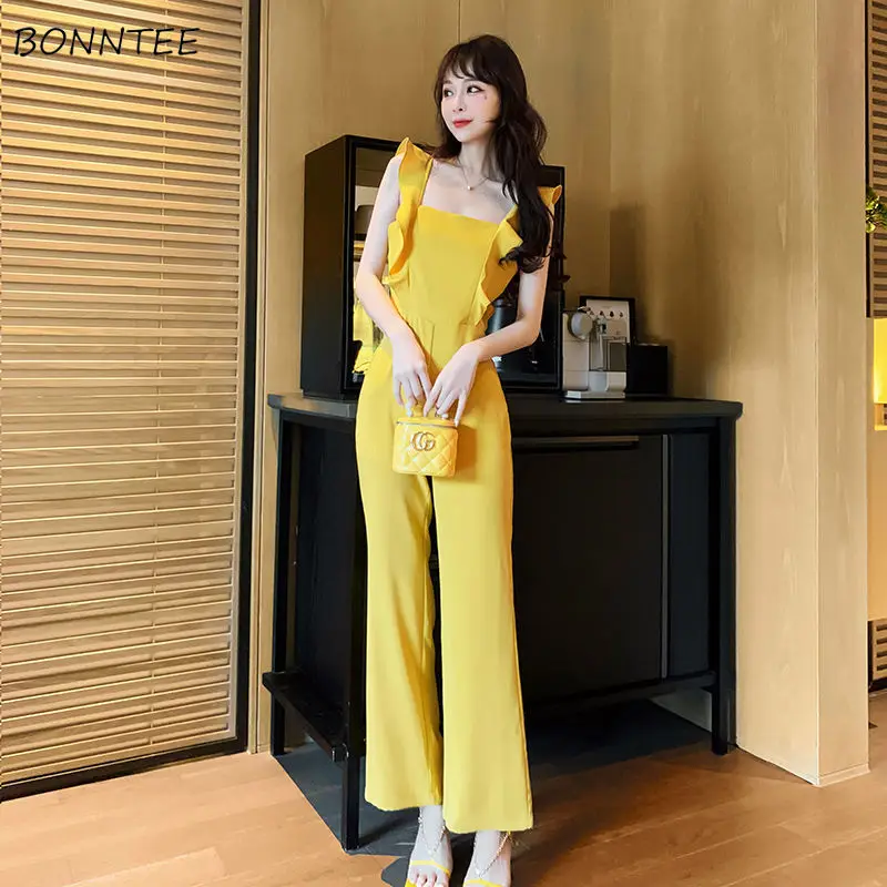 

Ruffles Solid Jumpsuits Women High Waist Thin Slim Flare Ankle-length Korean Style Causal Fashion Elegant All-match Summer