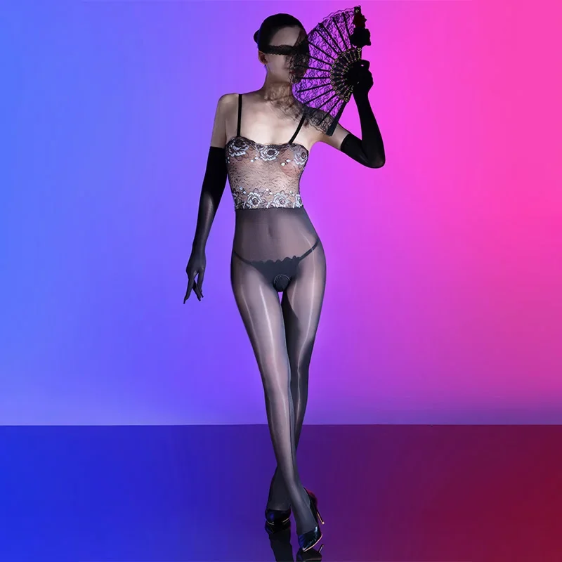 Donne Sexy Tubo Top Bretelle Bodystockings Moda Patchwork di pizzo Olio lucido Calze Ultra sottile trasparente con apertura sul cavallo Tuta