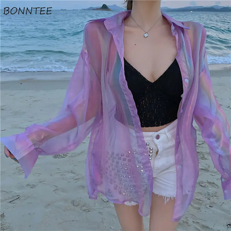 Shirts Women Casual Sexy Ladies Clothes Summer Hot Sale Sun-proof Sheer Fashion All-match Simple Elegant Loose Popular Korean