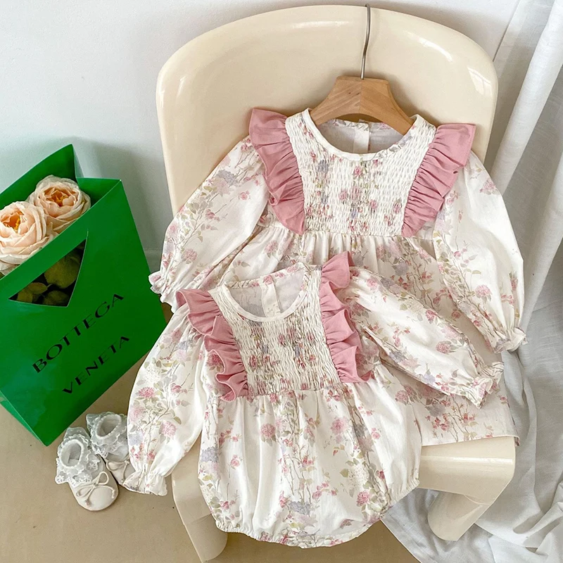 Autumn Sister Clothing Kids Princess Dresses Baby Romper Pink Floral Ruffled Clothing Puff Sleeve Cotton Baby Girl Party Dress