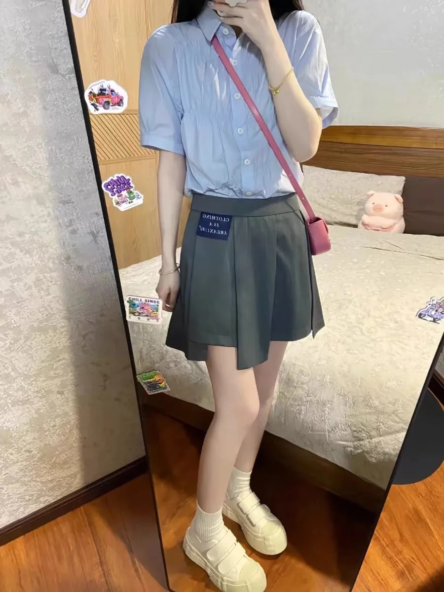 

Синяя женская рубашка с коротким рукавом, лето 2025, новый дизайн, с рукавами-фонариками, элегантный красивый топ в корейском стиле, свободный крой, стандартный размер